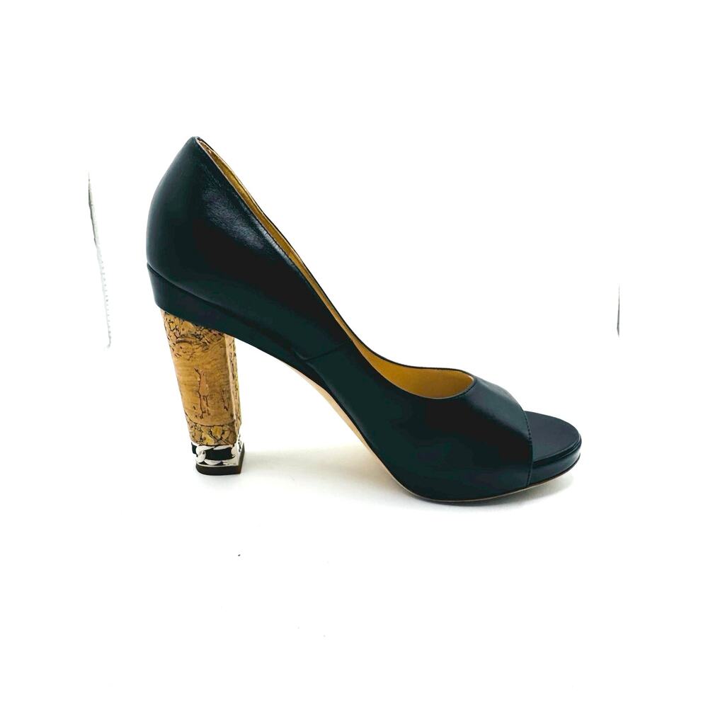 Chanel CC Logo Chain Peep Toe Cork Heel Pumps Black Leather EU 39.5